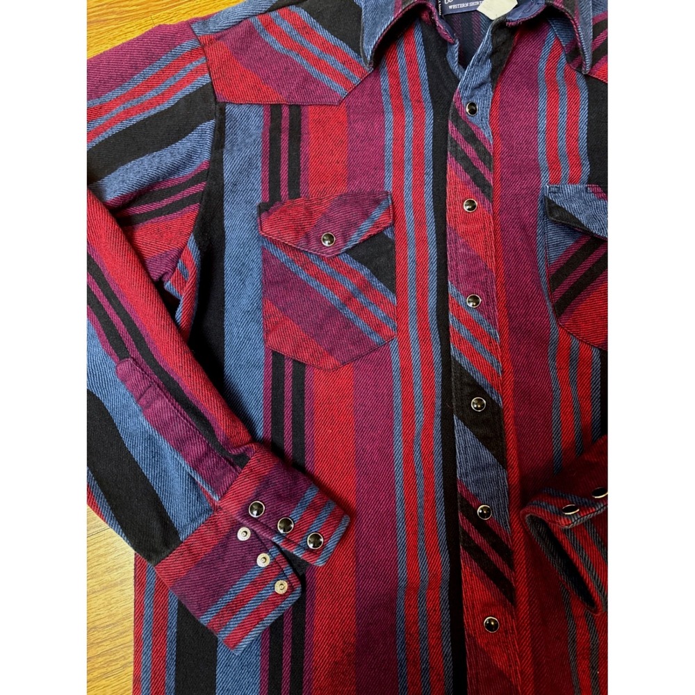 Wrangler Western Shirt Mens Large Red Blue Black Striped Flannel Pearl Snap L
